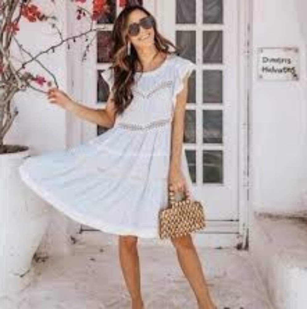 Free People Retro Kitty Dress, Blue and White, Size M